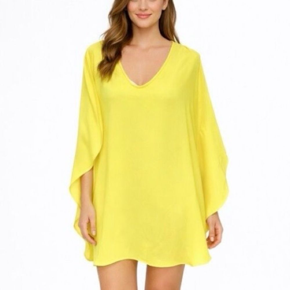 Trina Turk Bright Yellow Cape Poncho Dress L V-Neck Batwing Sleeve Recycled Poly